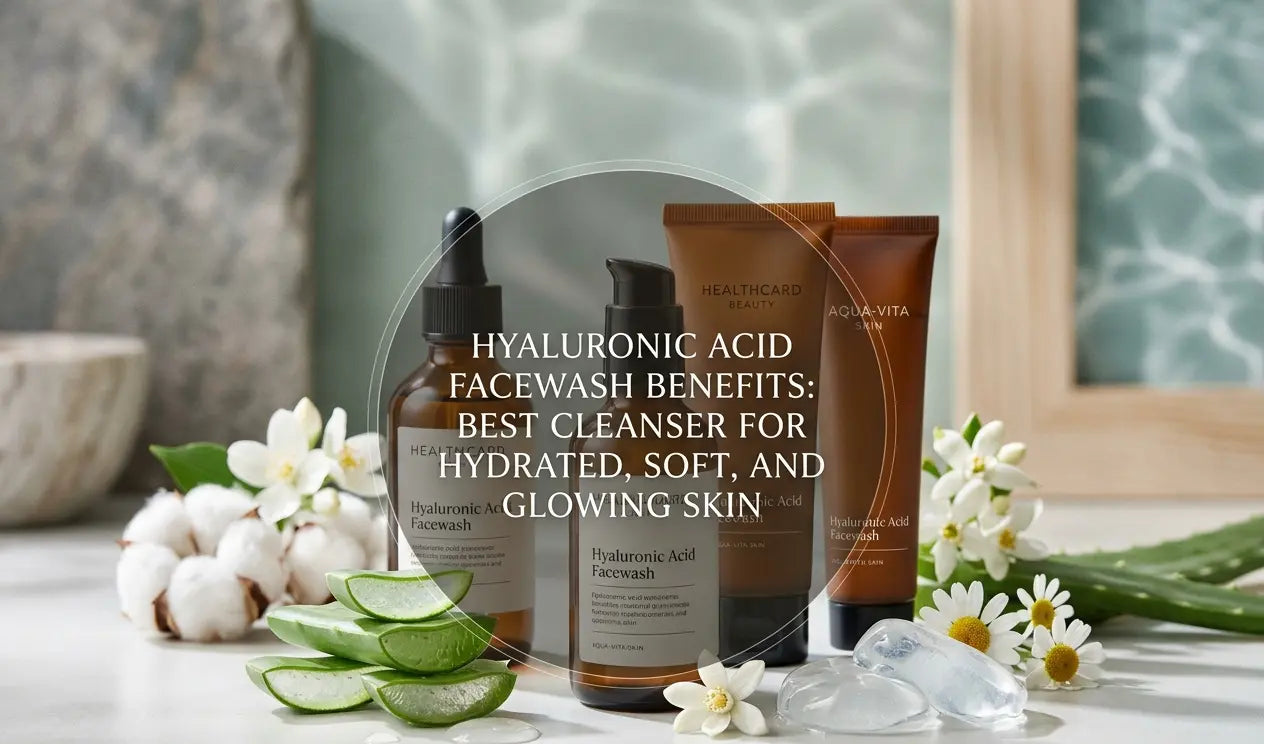 A collection of skincare products on a natural stone surface, with ingredients like cotton bolls, aloe vera, daisies, jasmine flowers, and glass stone droplets, representing natural remedies, all captured in a photo.