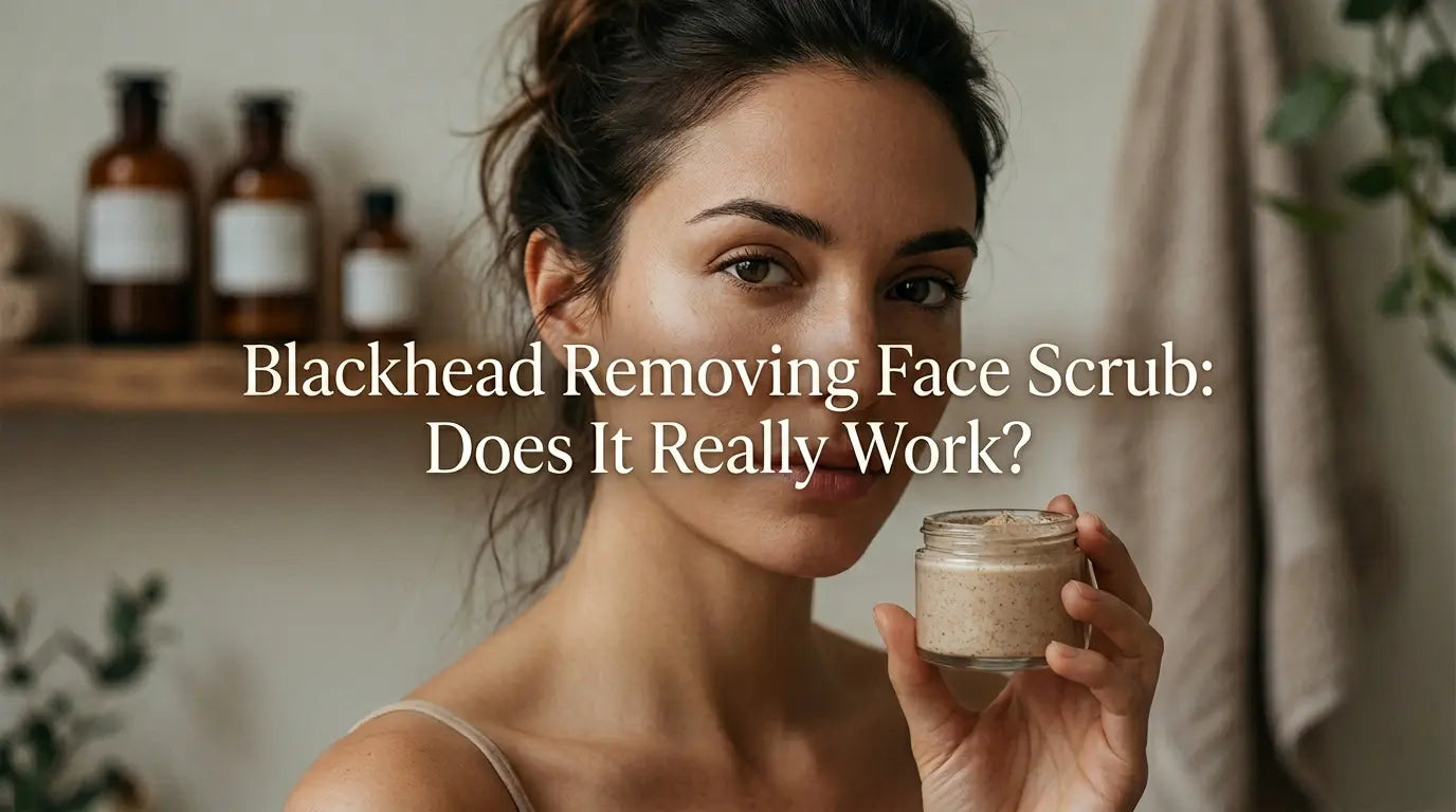A woman with a natural complexion holding a small glass jar of textured facial scrub. The foreground features the text, "Blackhead Removing Face Scrub: Does It Really Work?" against a soft-focus bathroom background with wooden shelves and glass bottles.