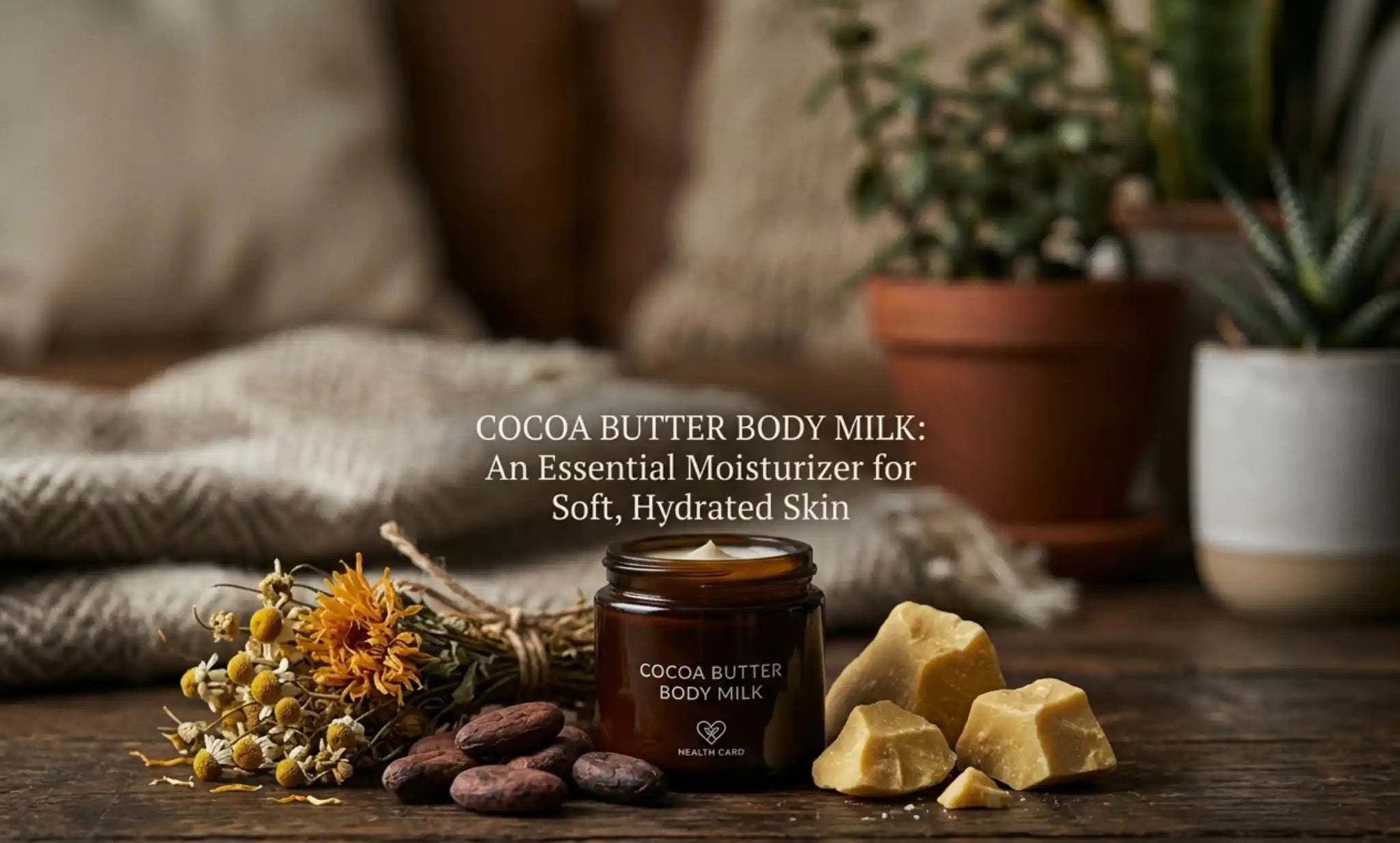 ar of cocoa butter body milk with ingredients and plants, showcasing hydration and soft skin benefits