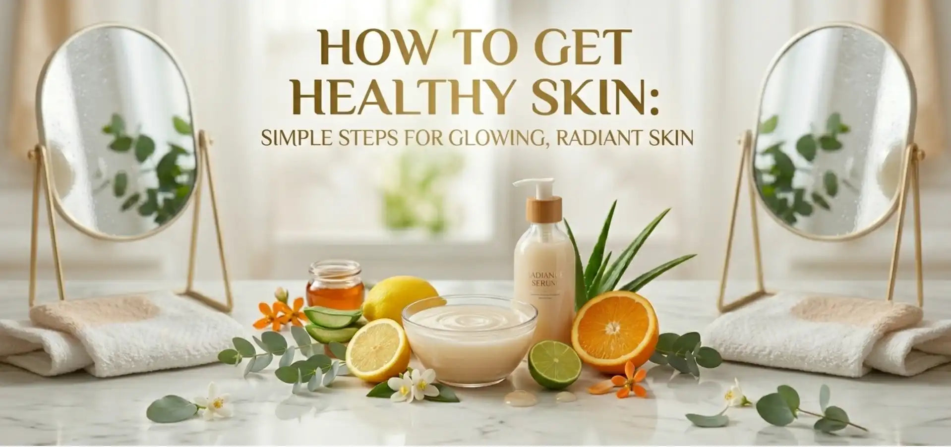 A brightly lit image of a marble countertop with a bottle of Radiance Serum and various fresh natural ingredients like citrus, aloe, and honey, featuring the gold text "HOW TO GET HEALTHY SKIN: SIMPLE STEPS FOR GLOWING, RADIANT SKIN."