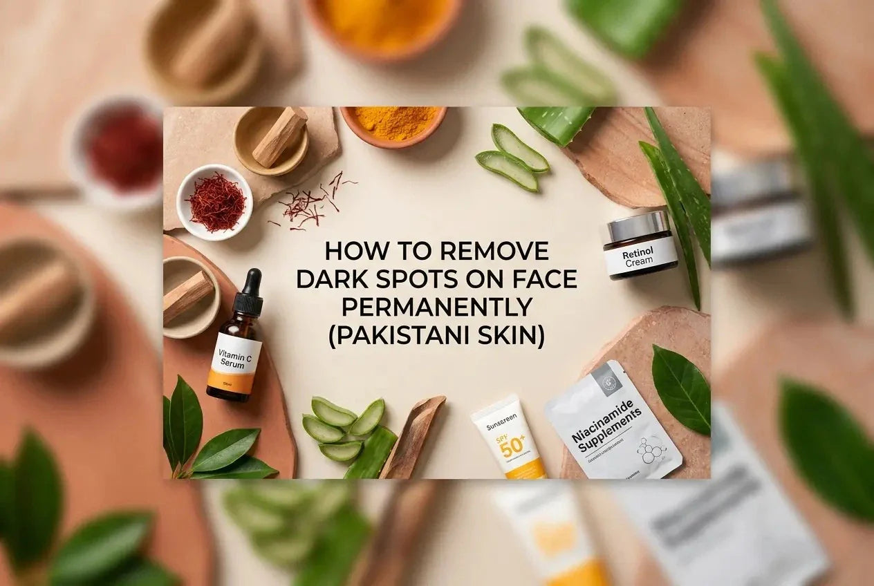 Dark spots on face removal essentials for Pakistani skin, including Vitamin C serum, retinol cream, SPF 50 sunscreen, niacinamide supplements, aloe vera, turmeric, and saffron