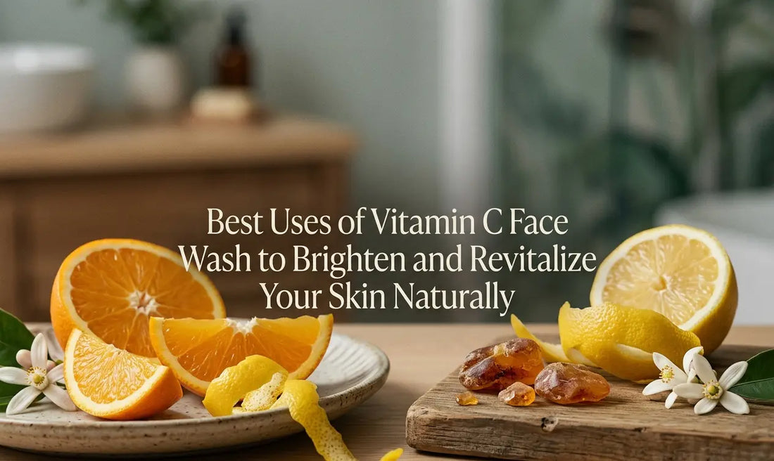 Fresh oranges, lemon, and natural extracts on a wooden surface with text overlay 'Best Uses of Vitamin C Face Wash to Brighten and Revitalize Your Skin Naturally', representing natural ingredients and skincare benefits.