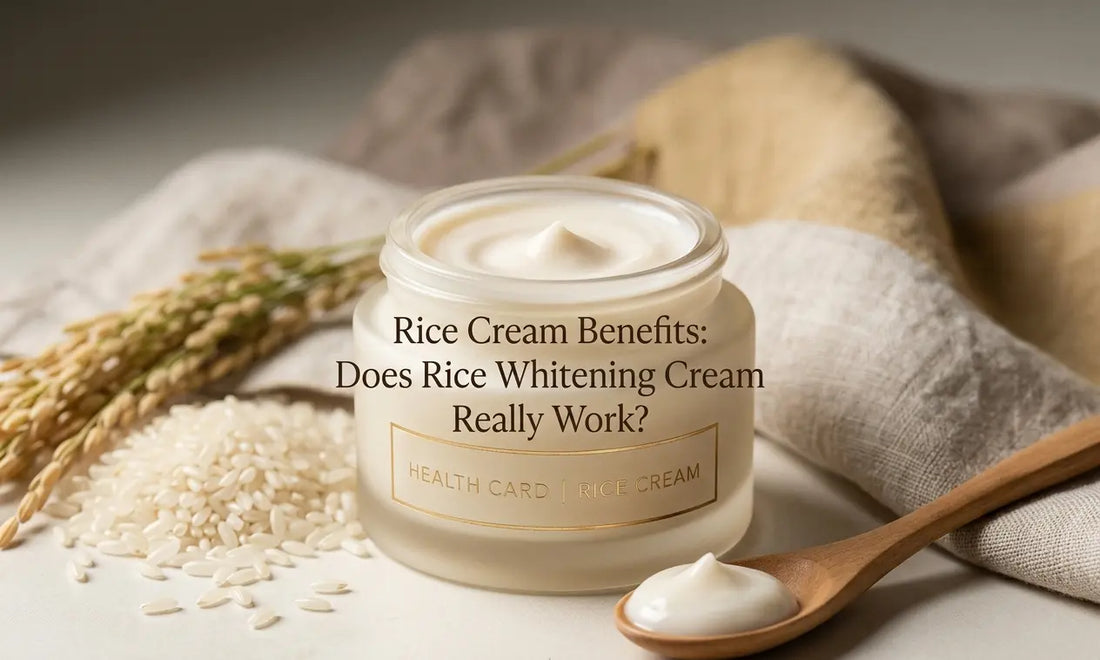 Rice whitening cream product image with title text, rice grains, and natural skincare ingredients for glowing skin