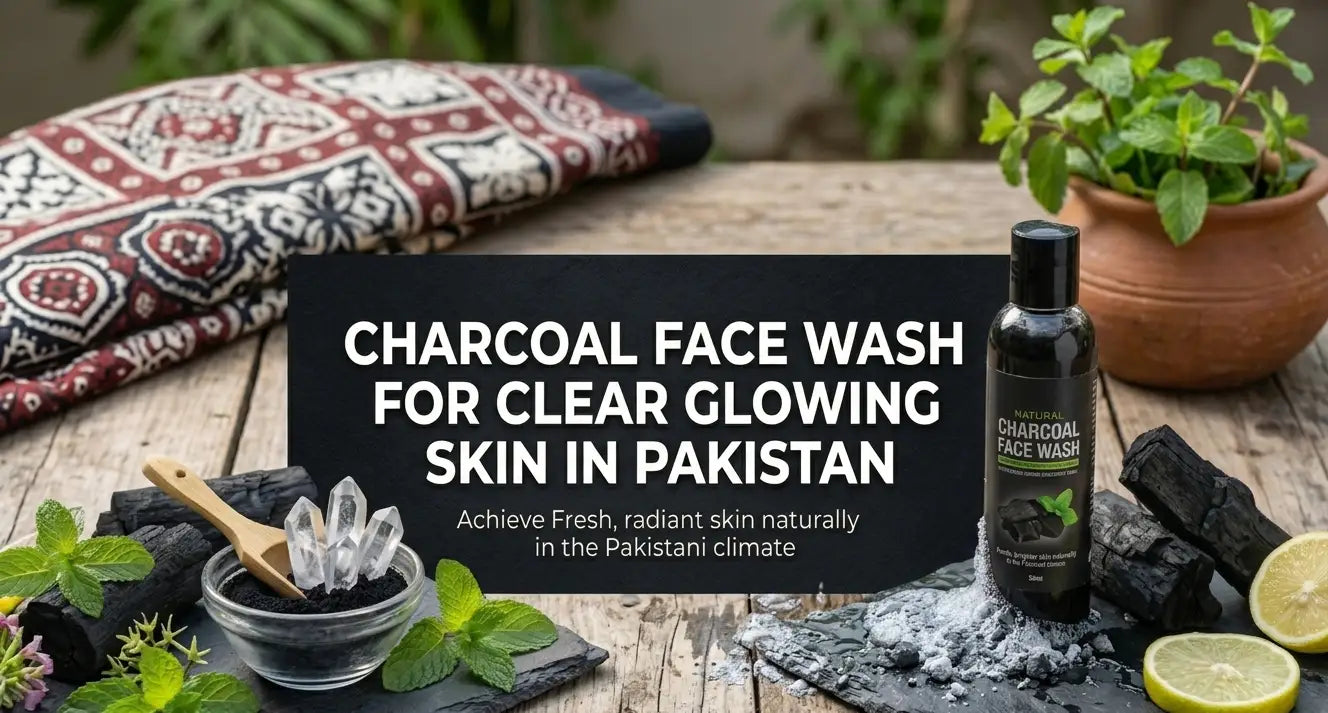 Charcoal face wash for clear glowing skin in Pakistan, showing a black charcoal cleanser removing dirt, oil, and impurities for fresh, acne-free skin.