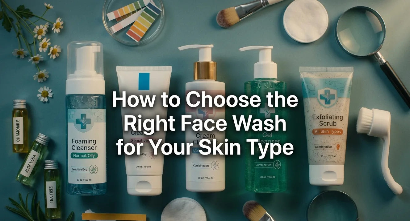 Guide on how to choose the right type of face wash for your skin type, showing different skin types (oily, dry, combination, sensitive) with matching cleanser recommendations and skincare icons.
