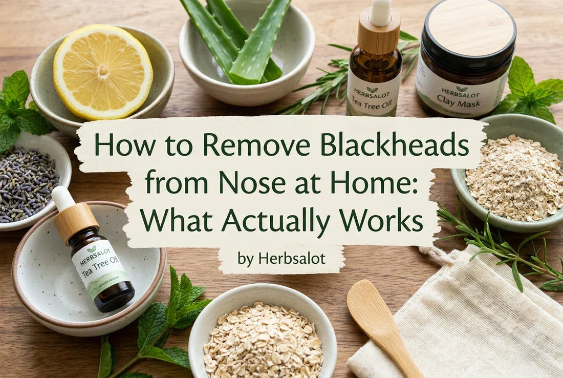 How to Remove Blackheads from Nose at Home: What Actually Works" featuring Herbsalot branded herbal remedy ingredients such as aloe vera, tea tree oil, lemon, and oatmeal on a natural wood surface.