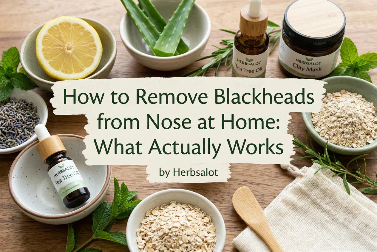 How to Remove Blackheads from Nose at Home: What Actually Works" featuring Herbsalot branded herbal remedy ingredients such as aloe vera, tea tree oil, lemon, and oatmeal on a natural wood surface.