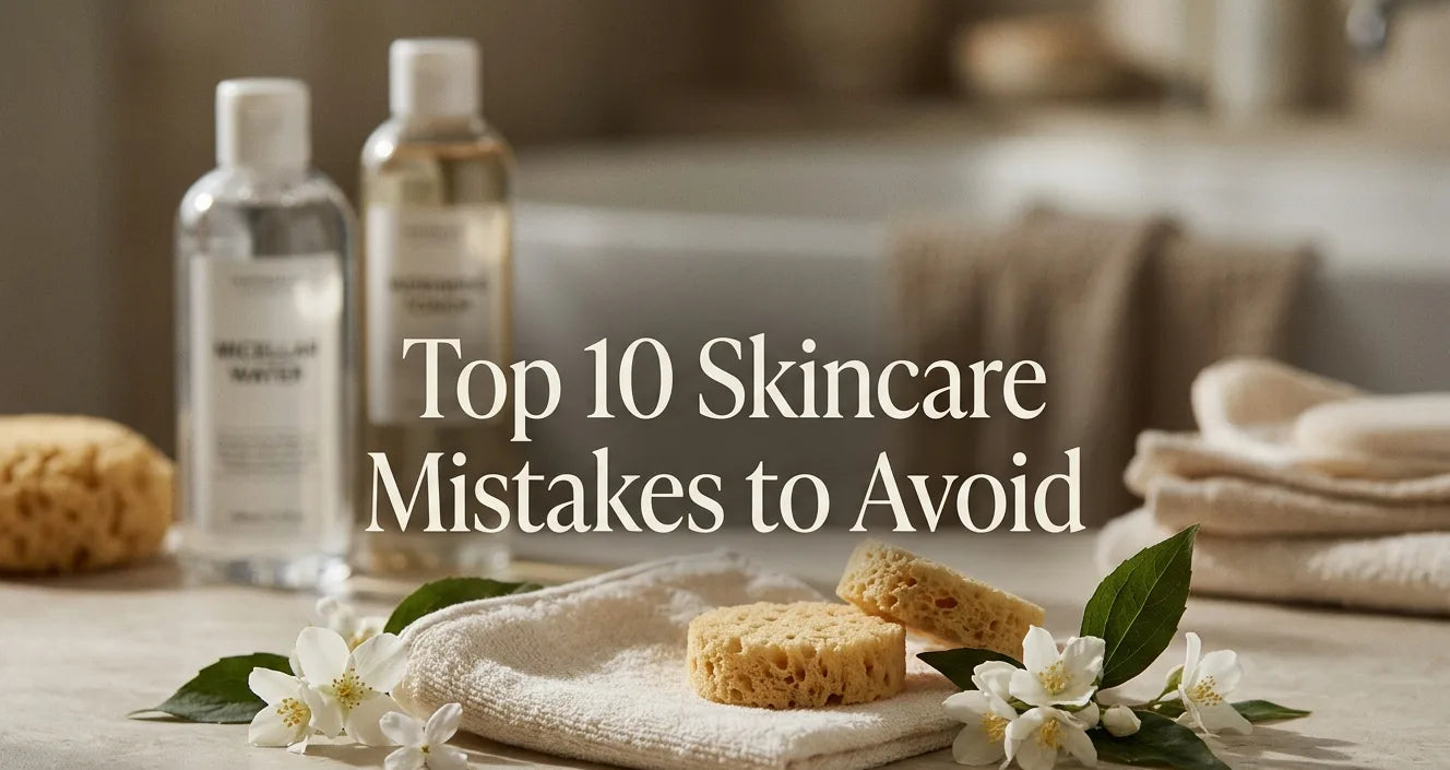 Infographic showing the top 10 skincare mistakes to avoid, including over-cleansing, skipping sunscreen, using harsh products, and not moisturizing, with simple icons and labeled tips.