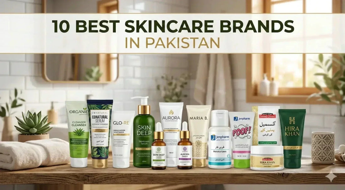 Top 10 best skincare brands in Pakistan displayed on a wooden shelf, featuring natural and herbal products including Herbsalot, with cleansers, serums, moisturizers, and creams arranged in a modern bathroom setting.