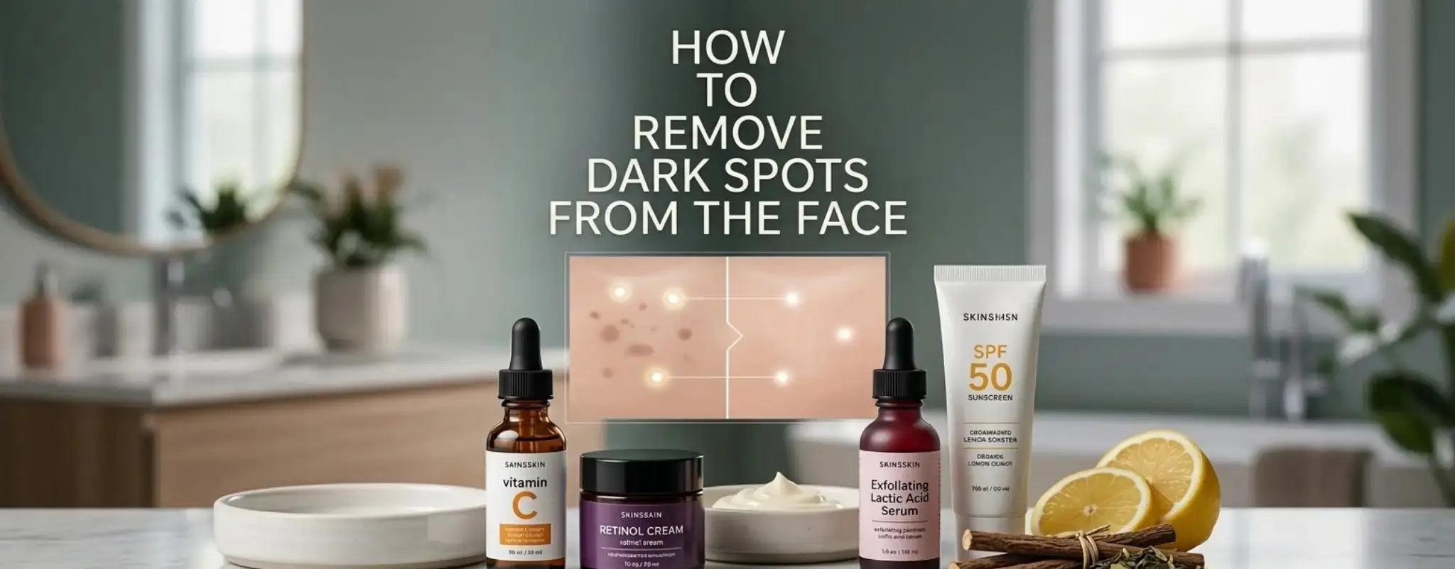 Skincare products arranged on a countertop, featuring Vitamin C serum, Retinol cream, Exfoliating Lactic Acid serum, and SPF 50 sunscreen. 