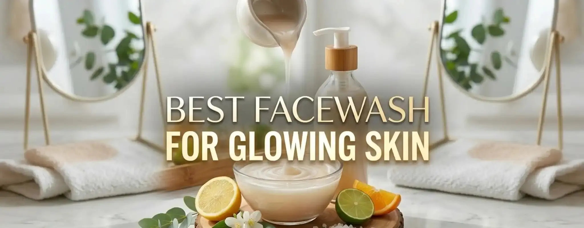 Best facewash for glowing skin with natural ingredients like lemon and citrus, skincare cleanser bottle and bowl on a clean bathroom counter.