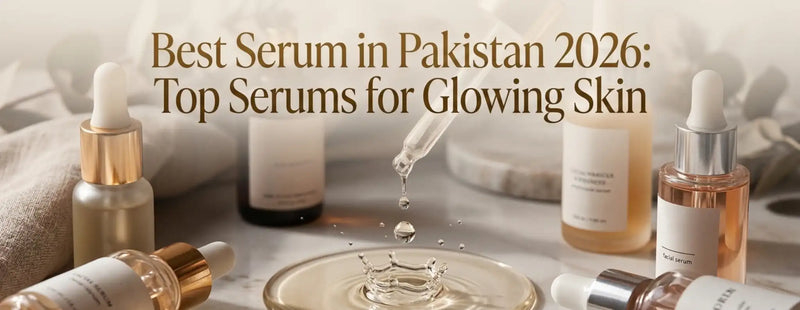 Banner image showing several facial serum bottles with droppers on a marble surface, a drop of serum splashing into liquid in the center, with the headline ‘Best Serum in Pakistan 2026: Top Serums for Glowing Skin.