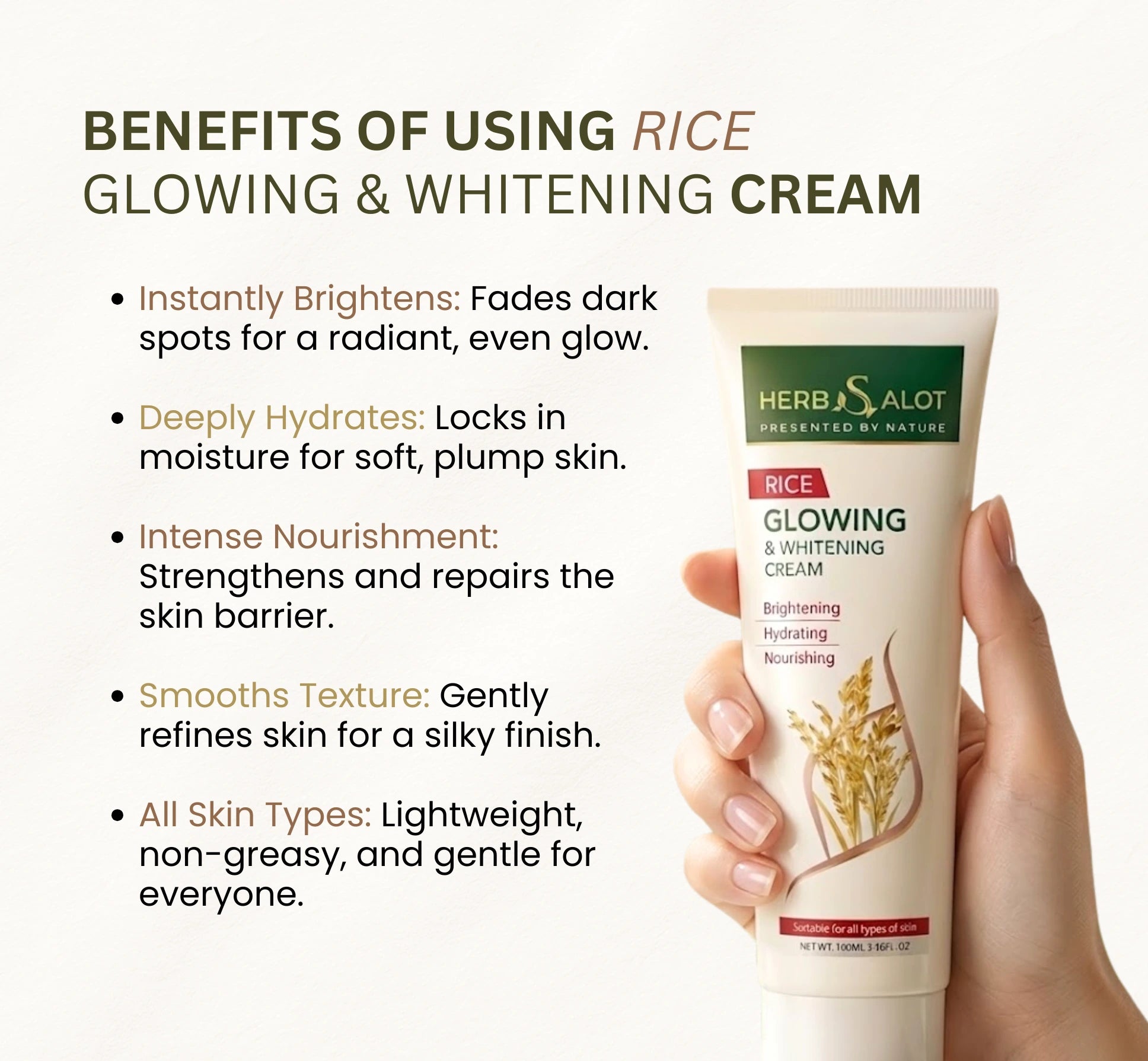 Herb Alot rice glowing and whitening cream with benefits listed on a white background