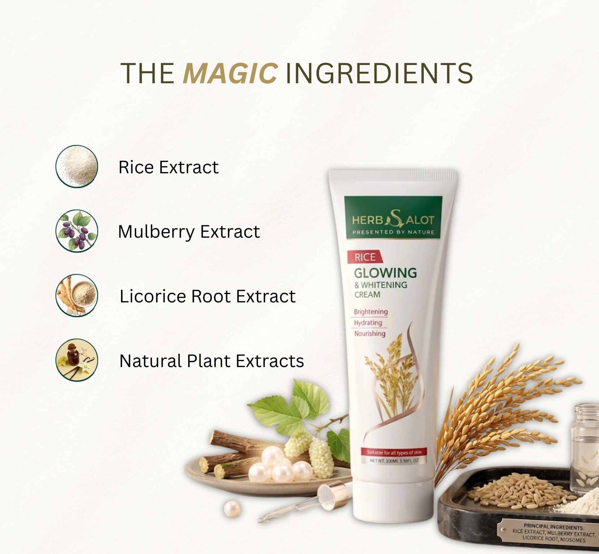 Herbal skincare product with ingredients listed on a white background