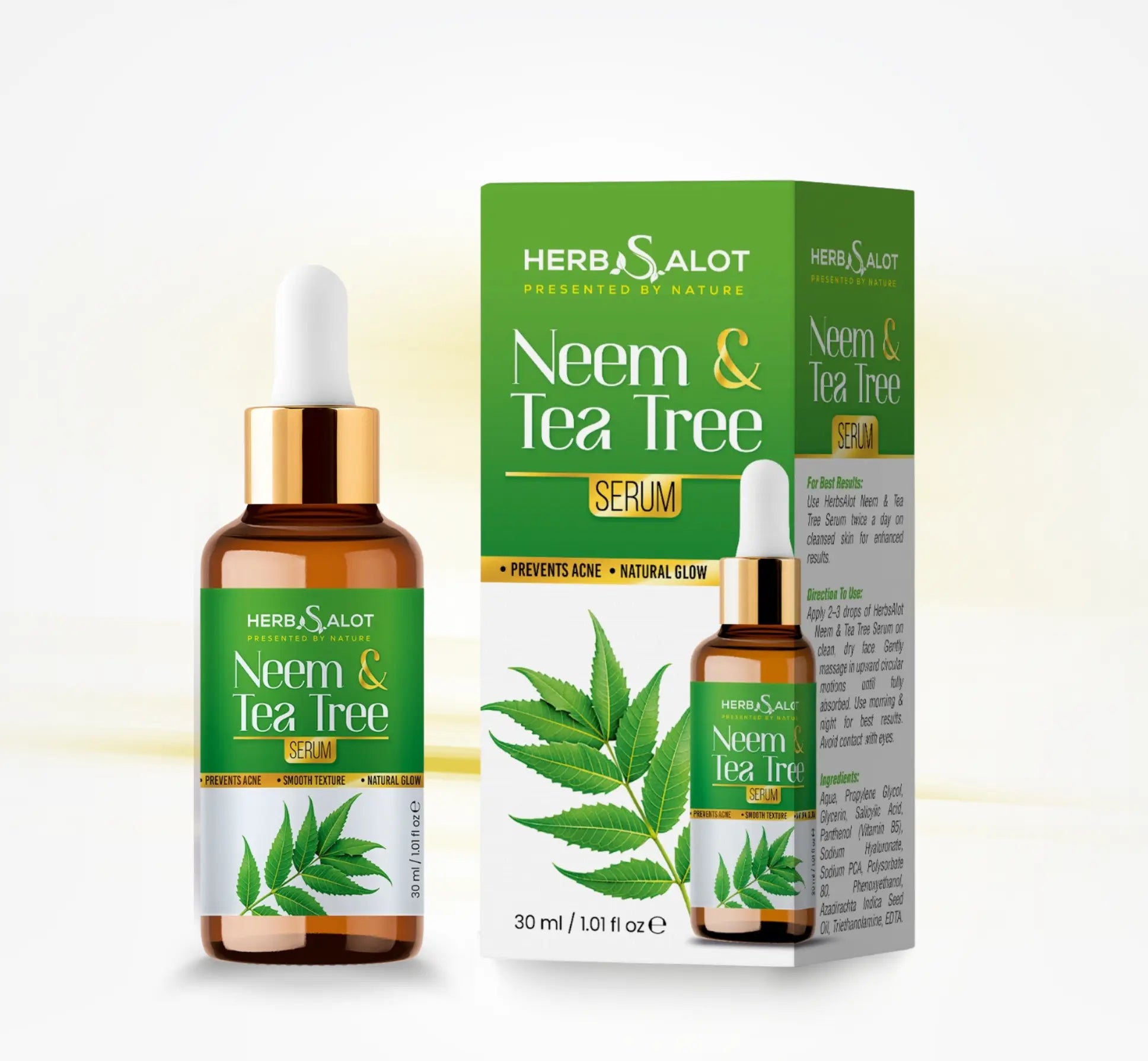 HerbSalot Neem & Tea Tree Serum bottle and packaging on a white background