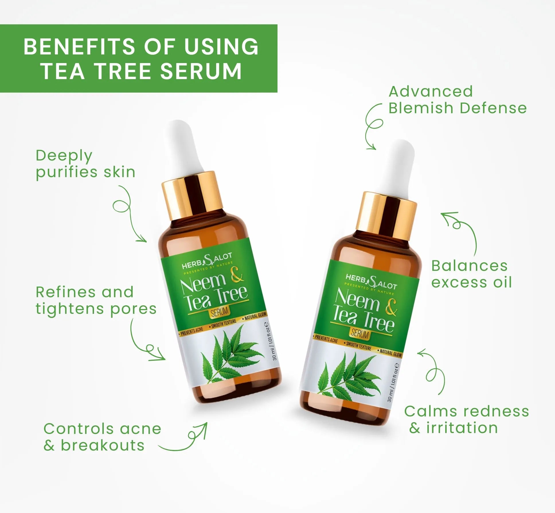 Two bottles of HerbsAlot Neem & Tea Tree serum showing skincare benefits on a white background.