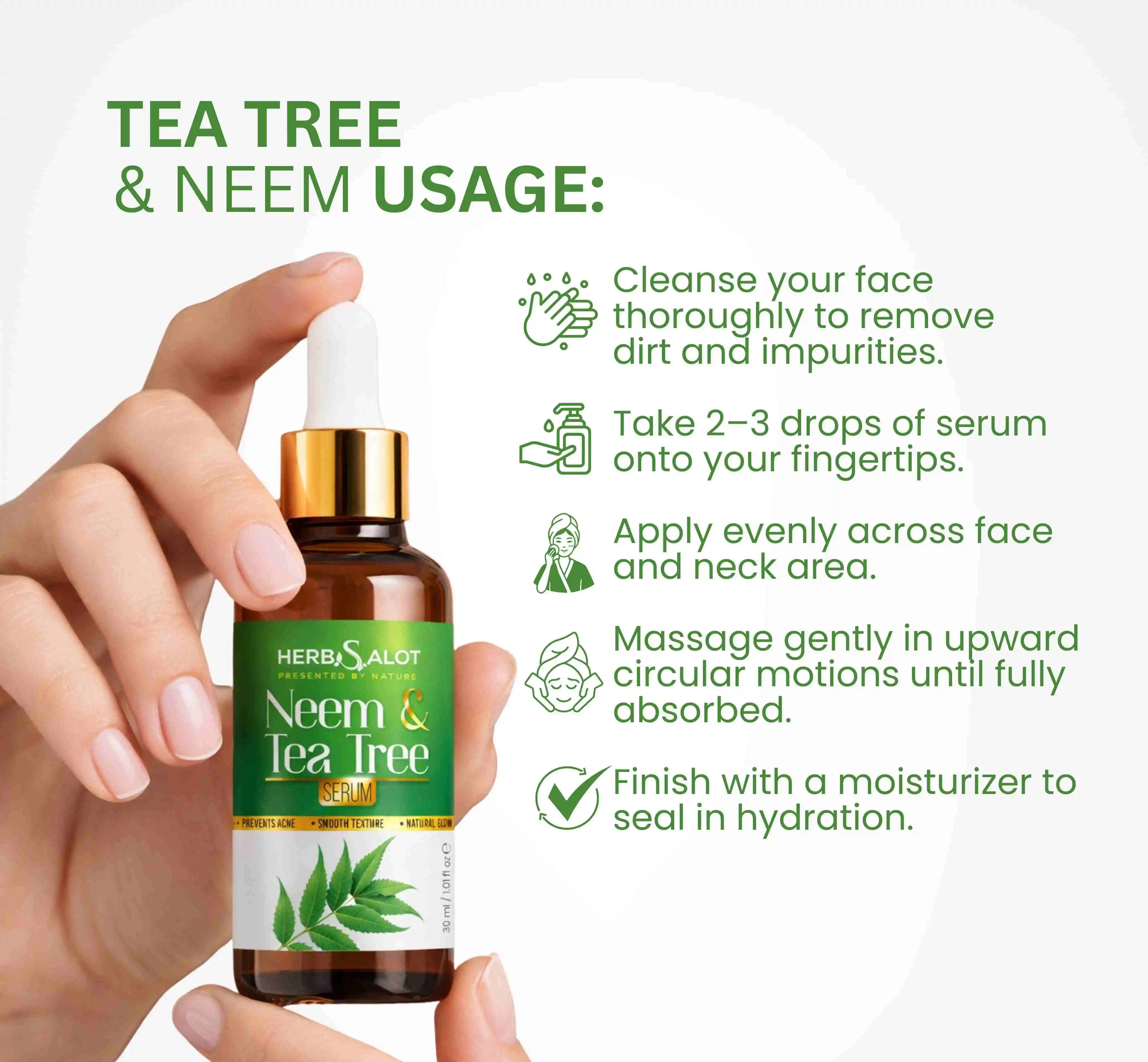 Herbalsalot Neem & Tea Tree serum bottle held by a hand with usage instructions on a white background.