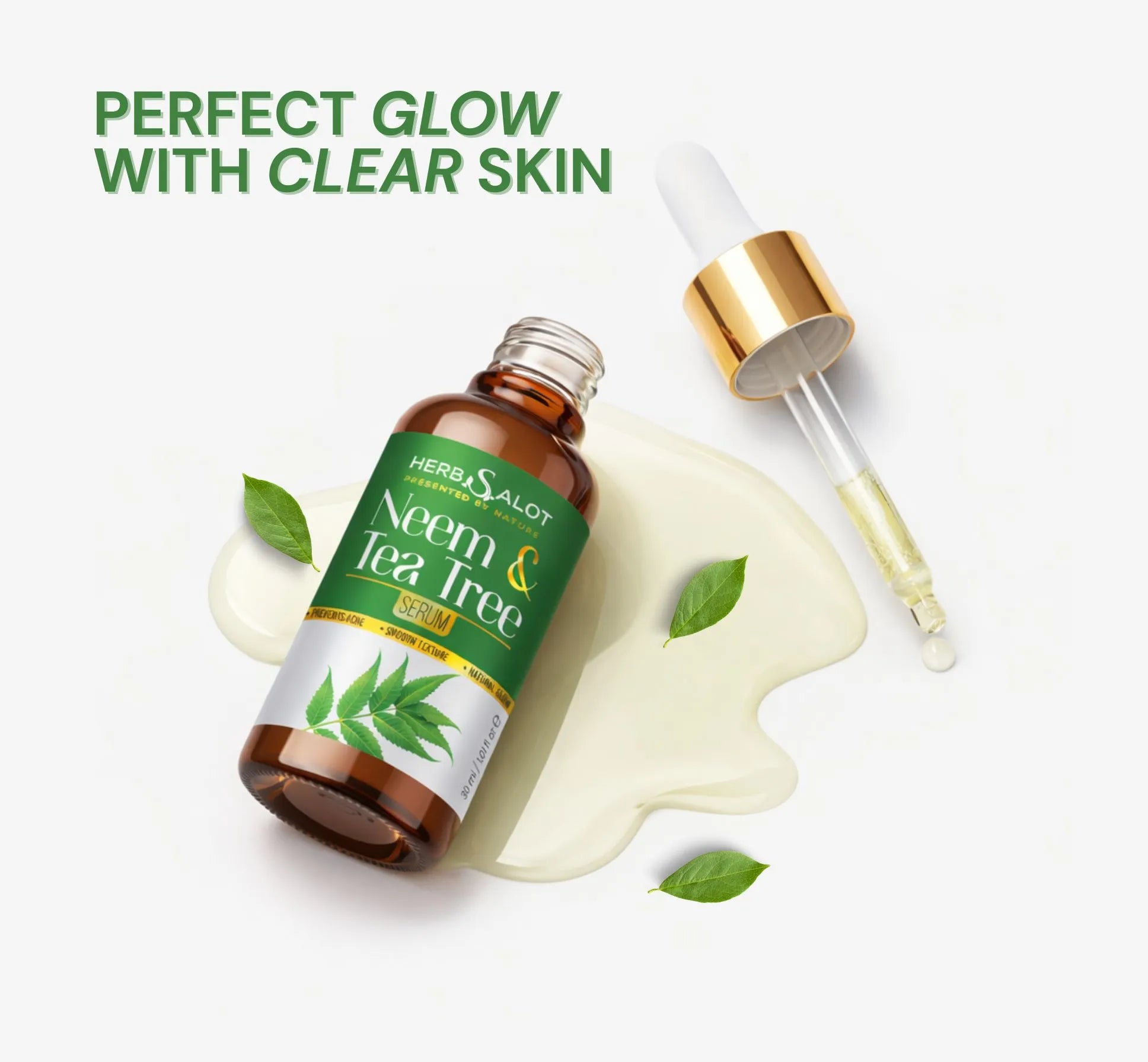 Herbal skincare product with dropper and text 'Perfect Glow with Clear Skin' on a white background