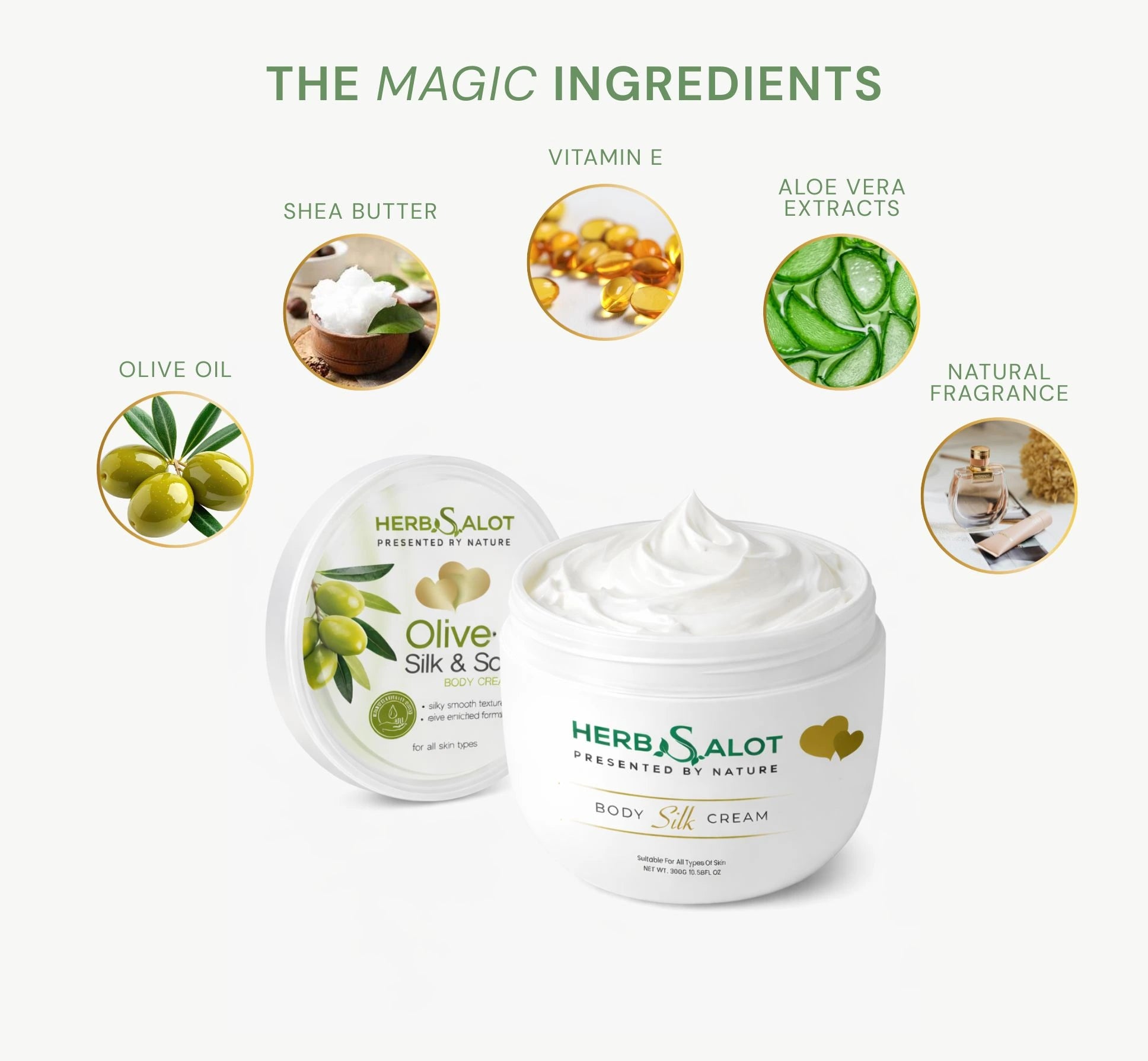 Herbsalot Olive Silk & Soothe body cream with listed ingredients on a white background