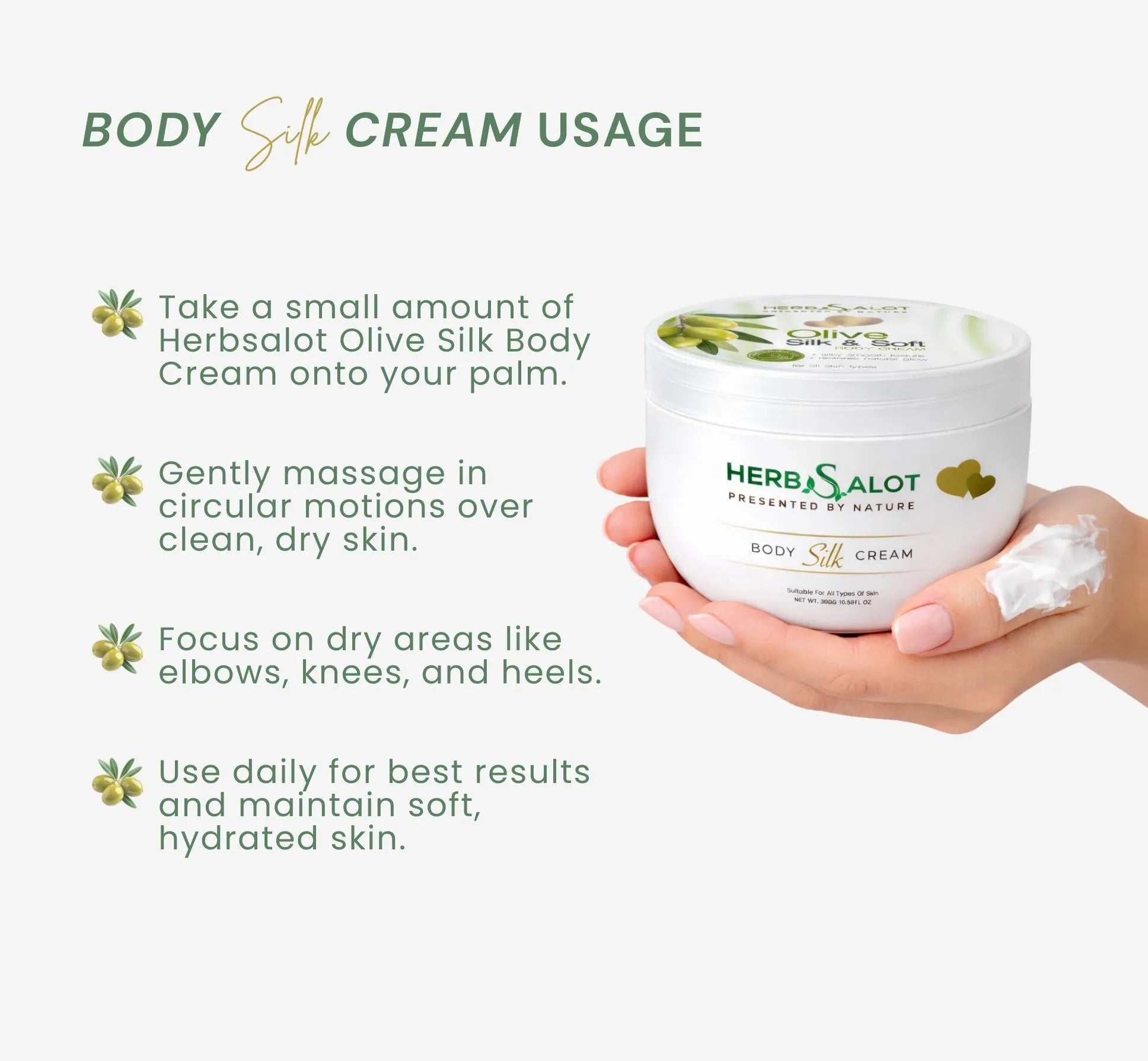 Herbsalot Olive Silk Body Cream with usage instructions on a white background