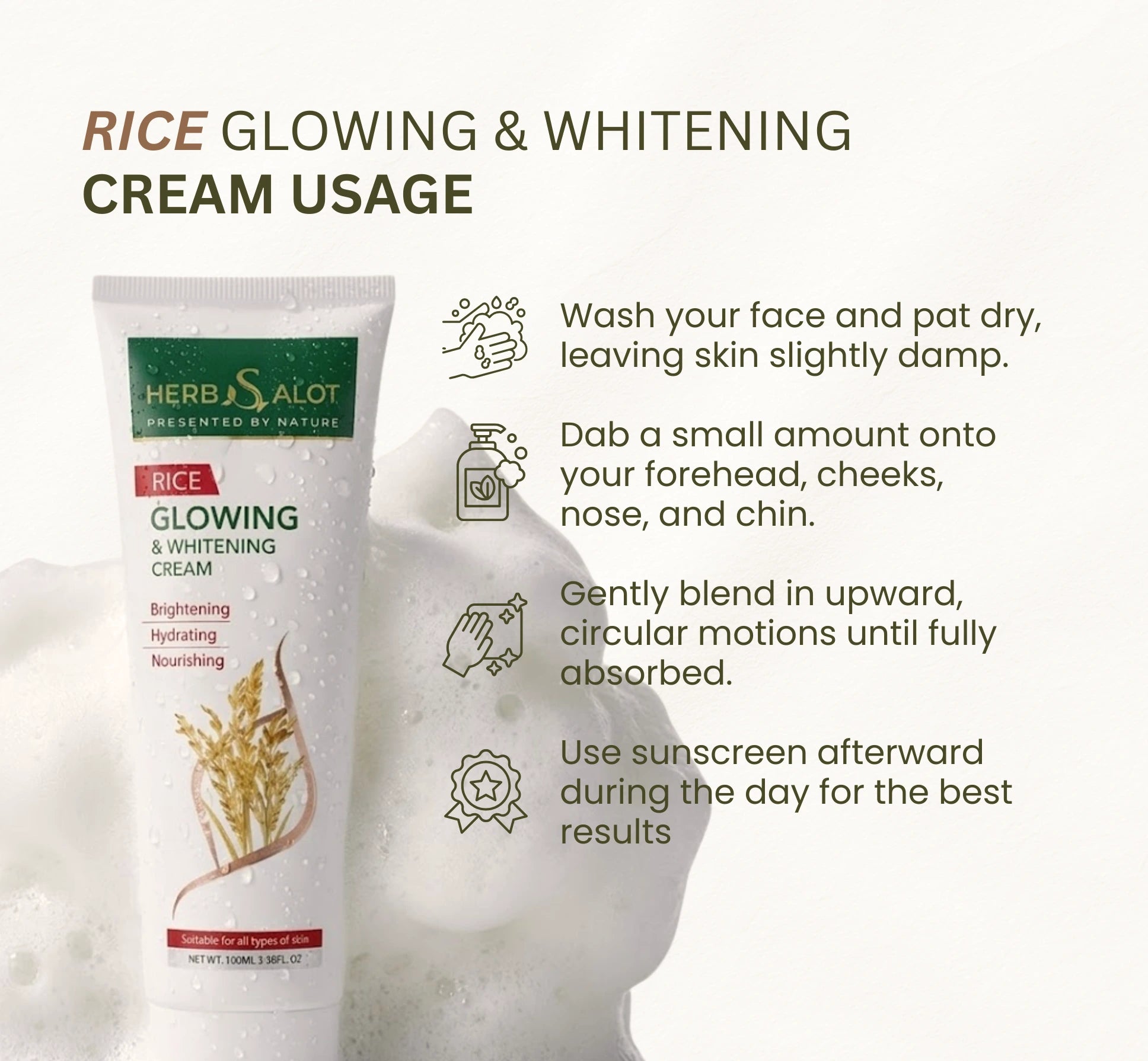 Herb Alot Rice Glowing & Whitening Cream packaging with usage instructions on a white background